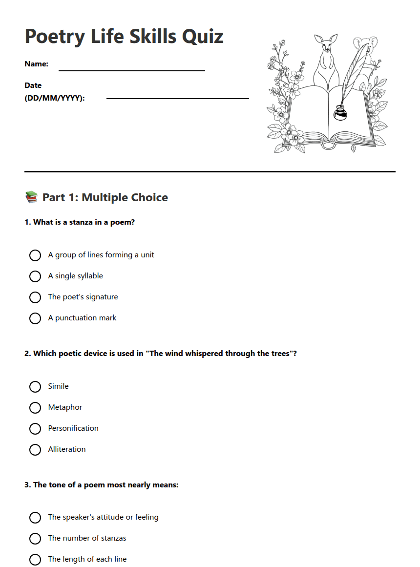 Poetry Life Skills Quiz worksheet preview