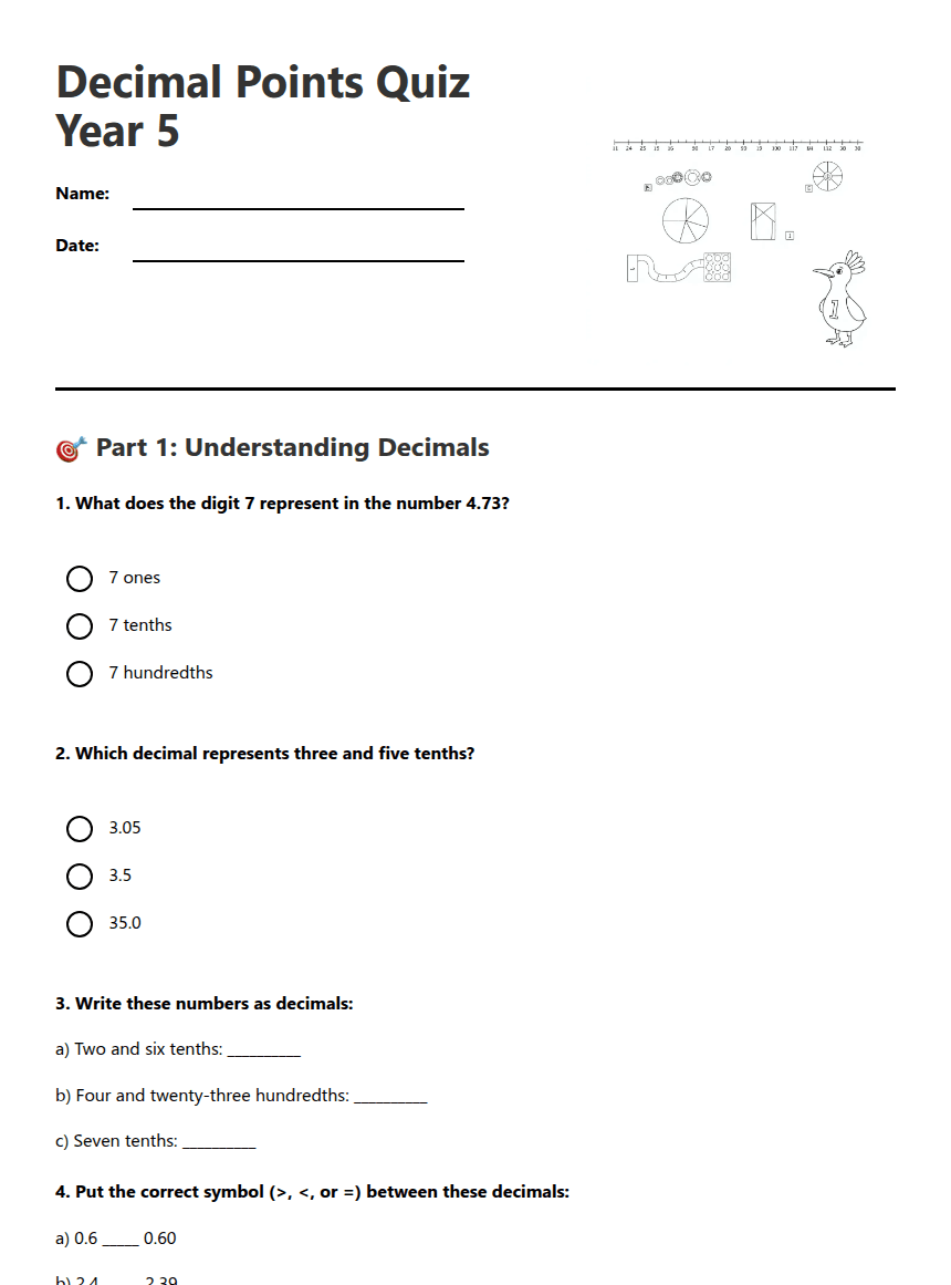 Decimal Points Quiz Year 5 worksheet preview