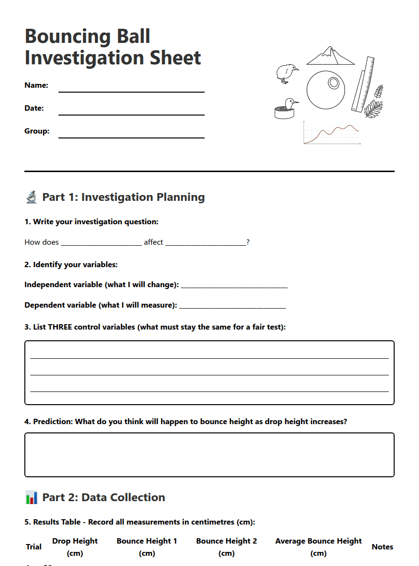 Bouncing Ball Investigation Sheet worksheet preview