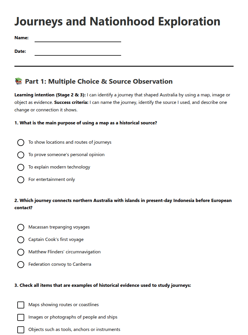 Journeys and Nationhood Exploration worksheet preview