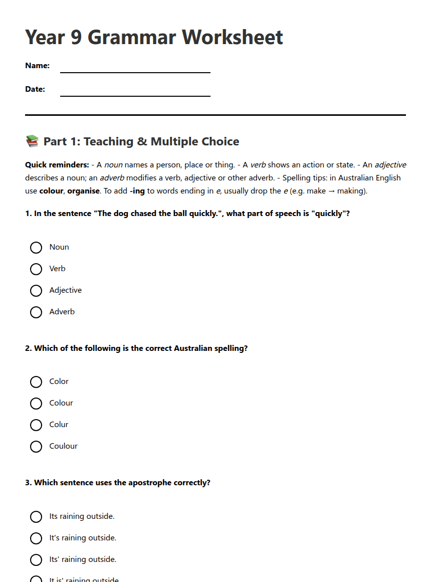 Year 9 Grammar Worksheet worksheet preview