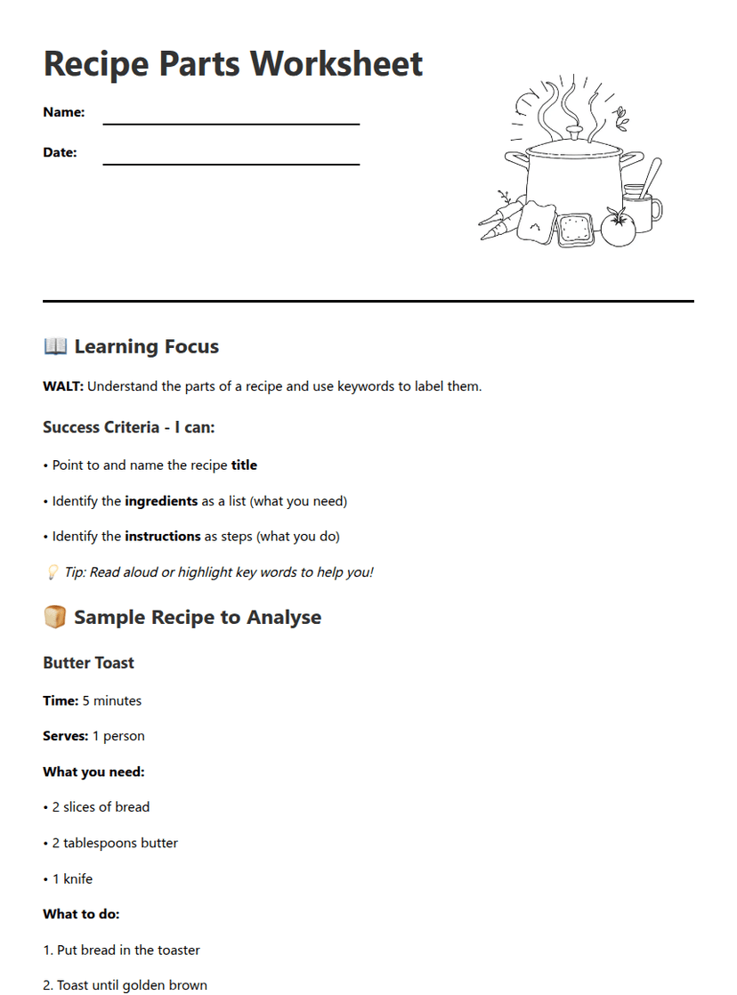 Recipe Parts Worksheet