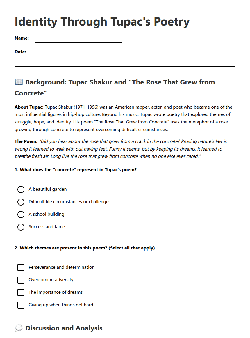 Identity Through Tupac's Poetry worksheet preview