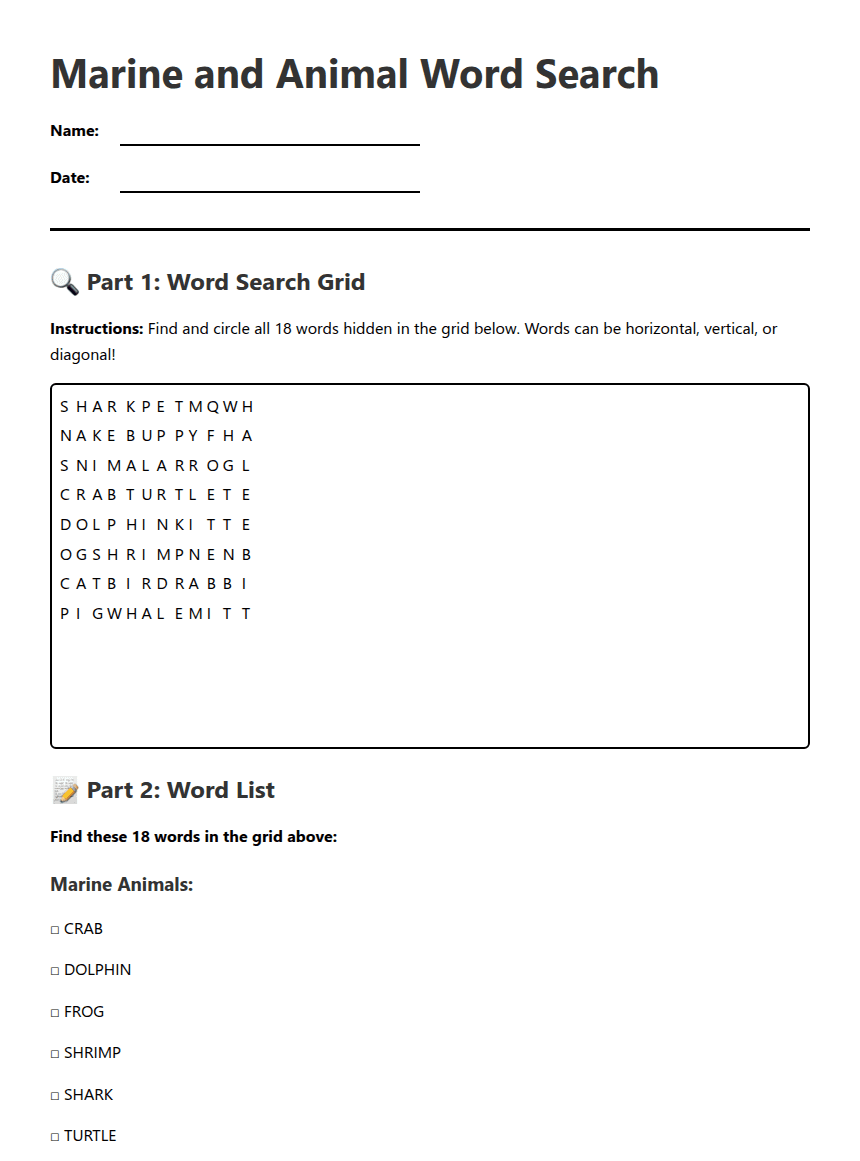 Marine and Animal Word Search worksheet preview
