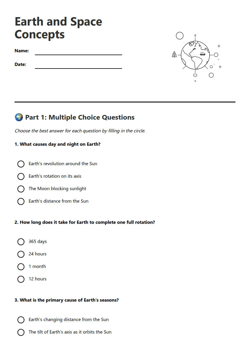 Earth and Space Concepts worksheet preview
