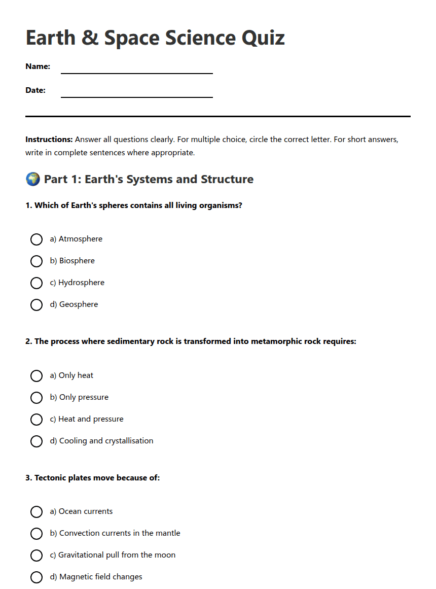 Earth & Space Science Quiz worksheet preview