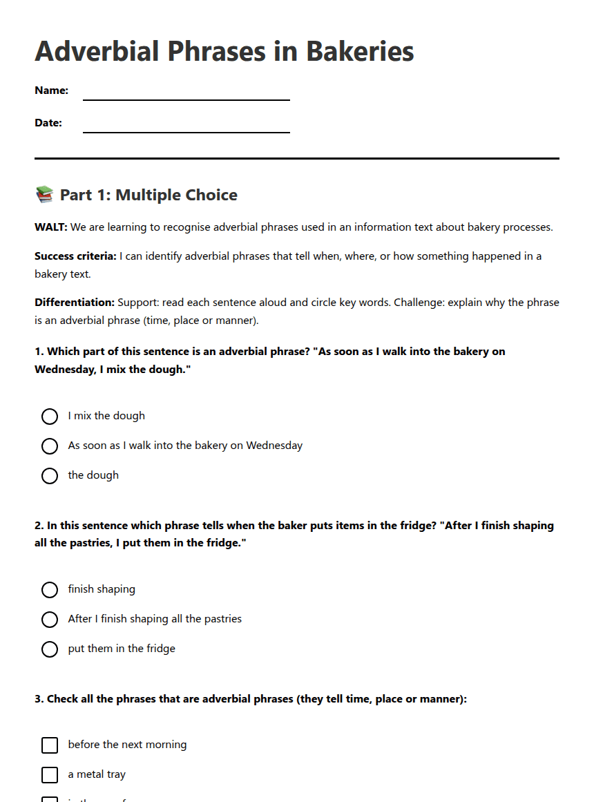 Adverbial Phrases in Bakeries worksheet preview
