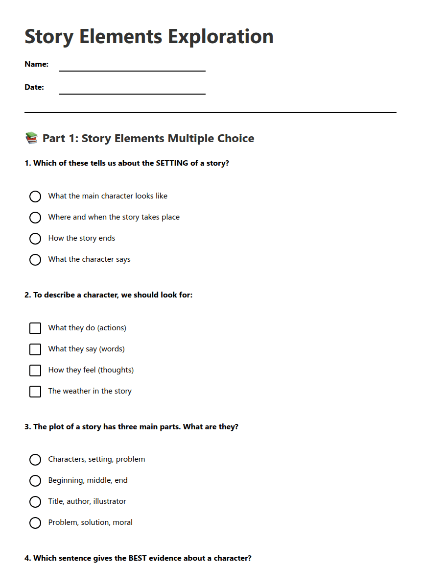 Story Elements Exploration worksheet preview