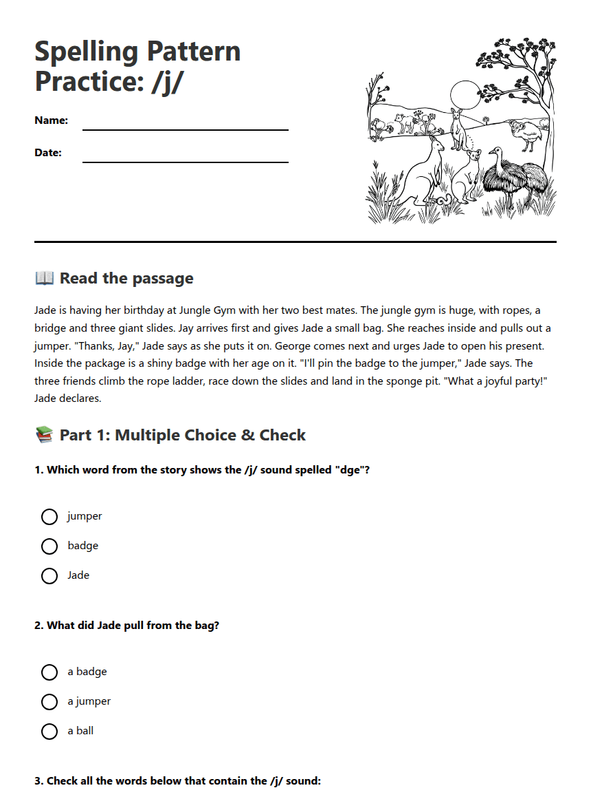 Spelling Pattern Practice: /j/ worksheet preview