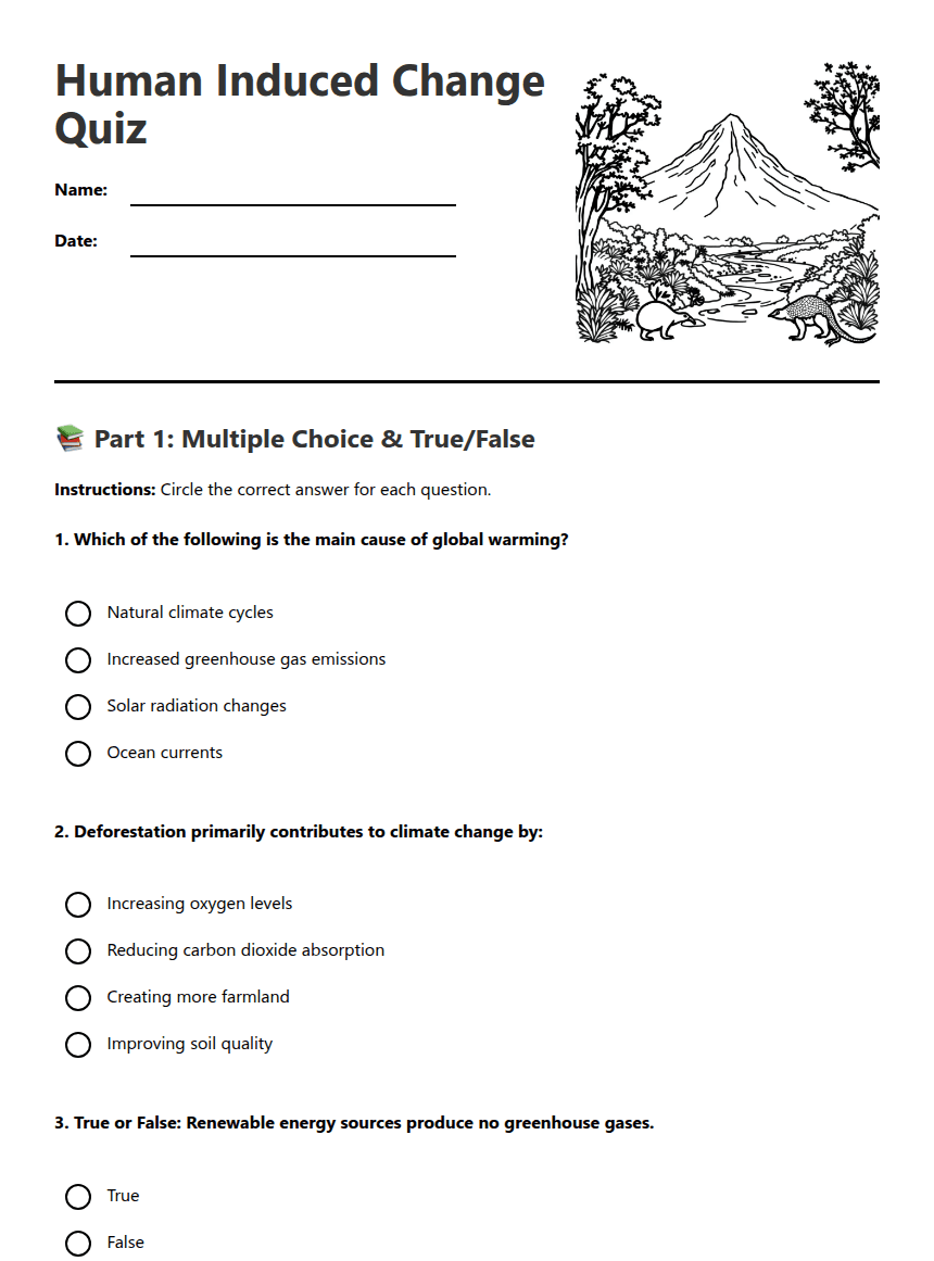 Human Induced Change Quiz worksheet preview