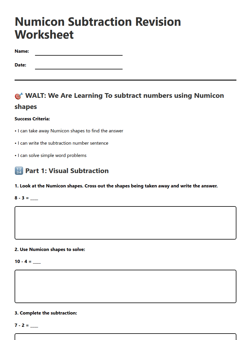 Numicon Subtraction Revision Worksheet worksheet preview