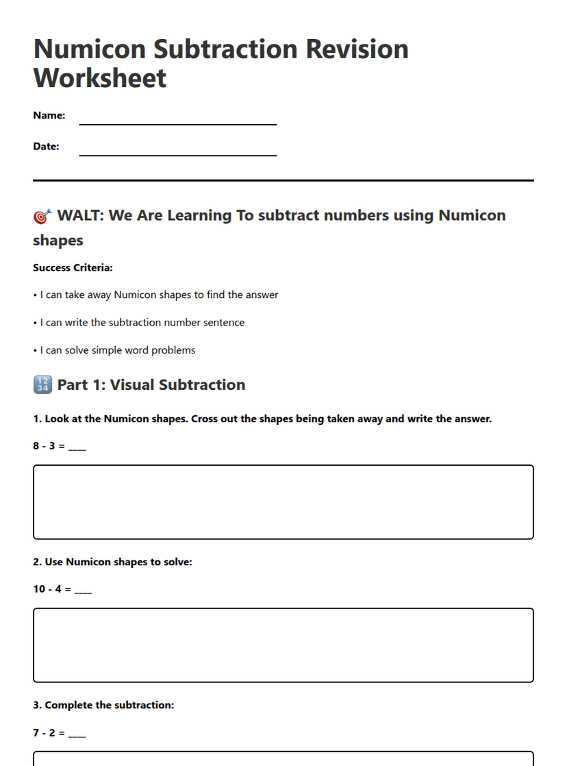 Numicon Subtraction Revision Worksheet