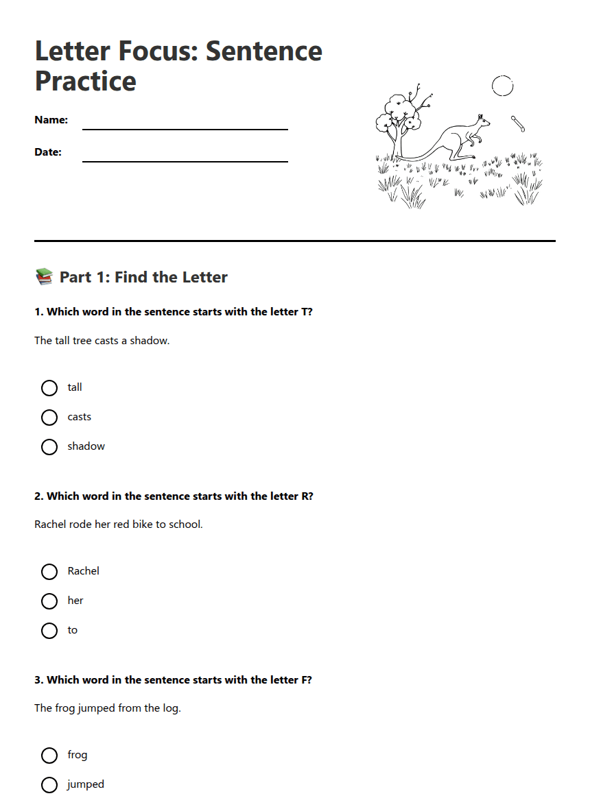 Letter Focus: Sentence Practice worksheet preview