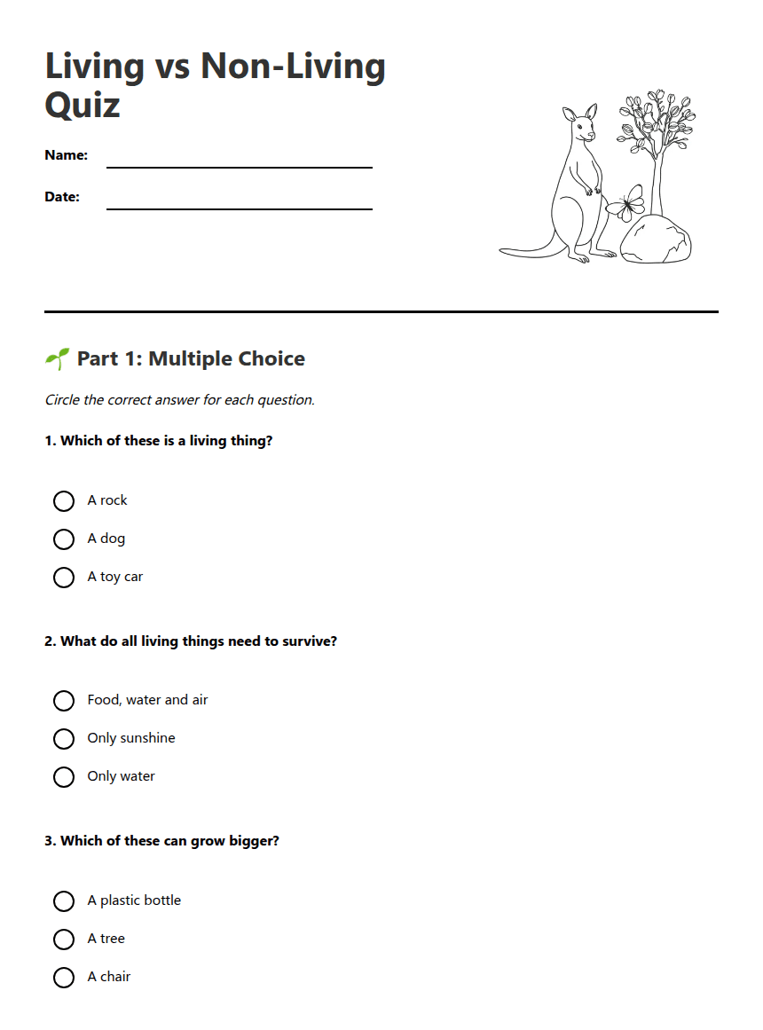 Living vs Non-Living Quiz worksheet preview