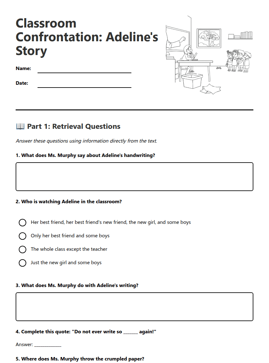 Classroom Confrontation: Adeline's Story worksheet preview