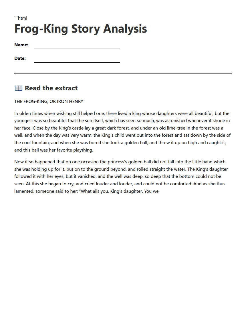 Frog-King Story Analysis worksheet preview