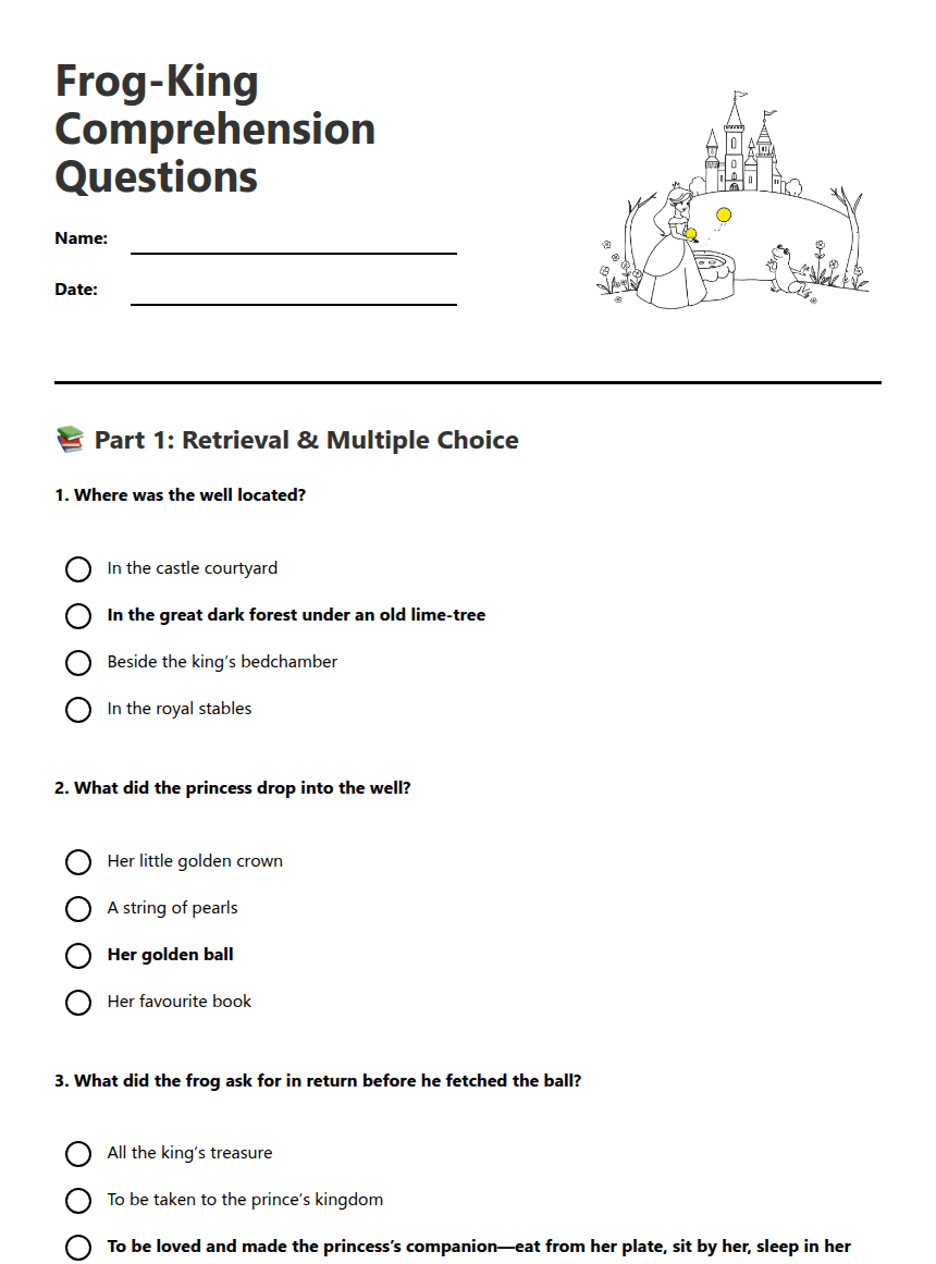 Frog-King Comprehension Questions worksheet preview