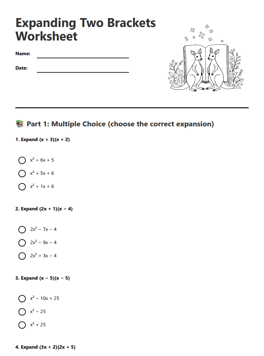 Expanding Two Brackets Worksheet worksheet preview