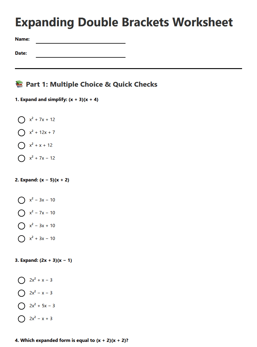 Expanding Double Brackets Worksheet worksheet preview