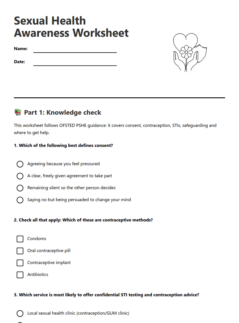 Sexual Health Awareness Worksheet