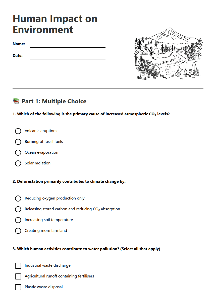 Human Impact on Environment worksheet preview