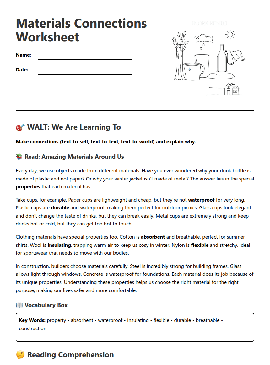 Materials Connections Worksheet worksheet preview