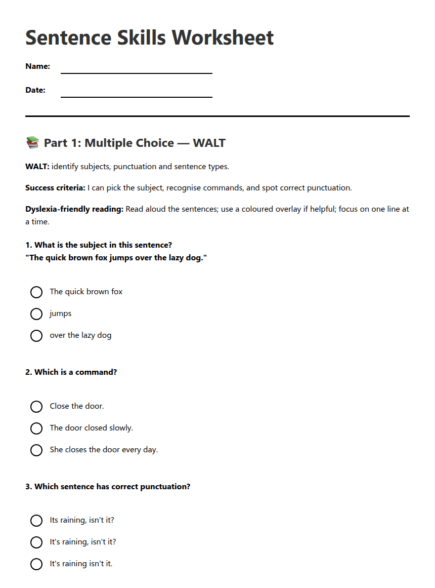 Sentence Skills Worksheet worksheet preview