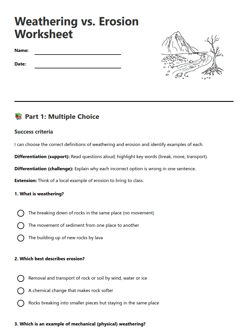Weathering vs. Erosion Worksheet worksheet preview