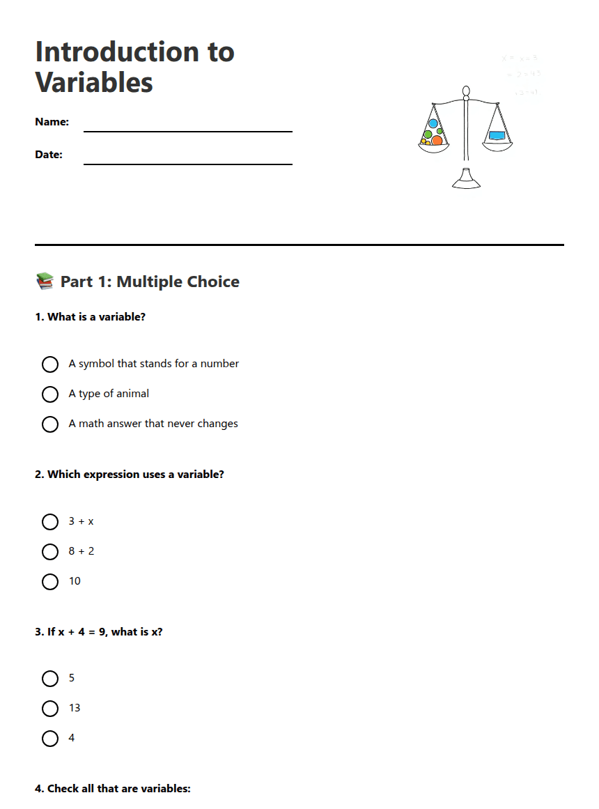 Introduction to Variables worksheet preview