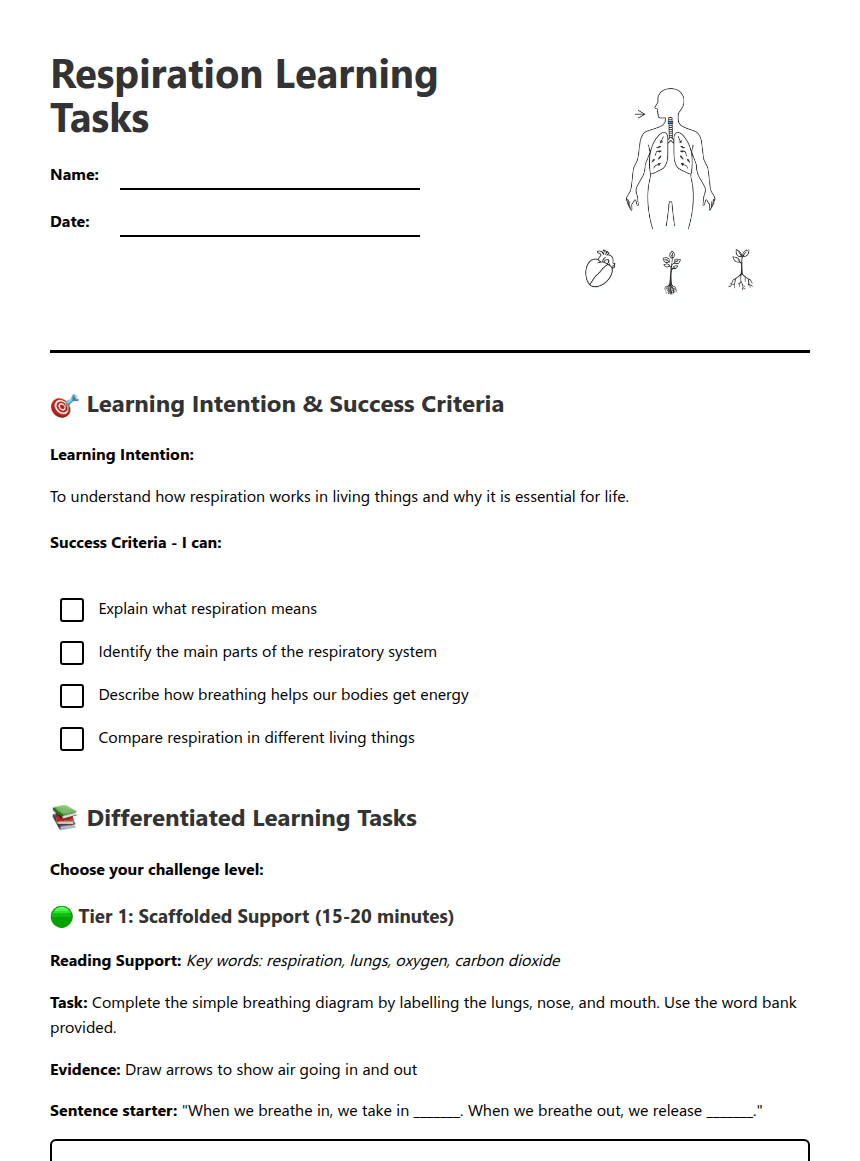 Respiration Learning Tasks worksheet preview