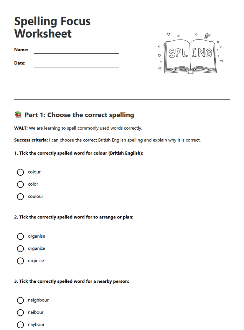 Spelling Focus Worksheet