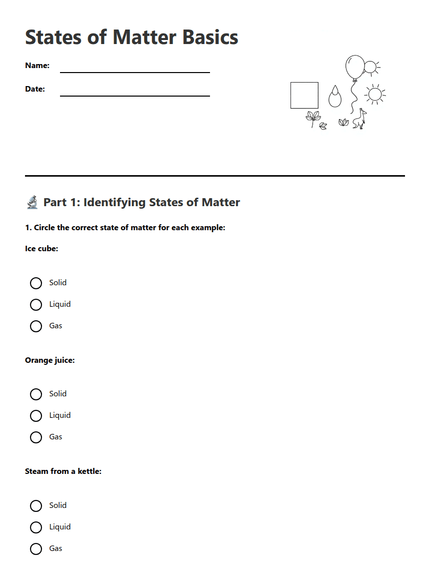 States of Matter Basics worksheet preview