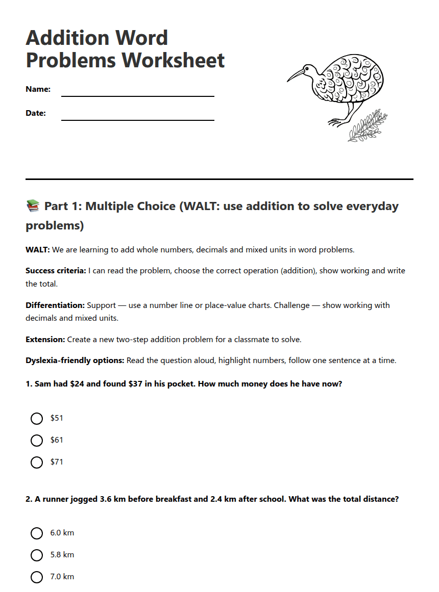Addition Word Problems Worksheet worksheet preview