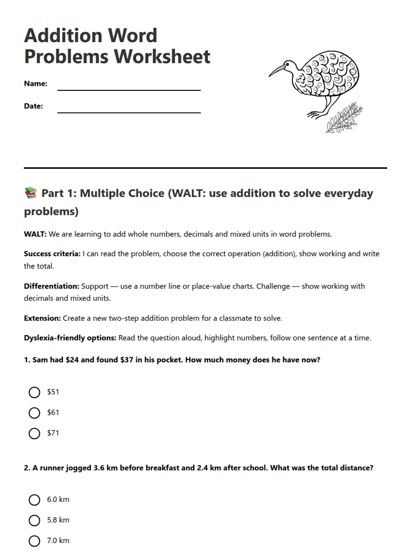 Addition Word Problems Worksheet