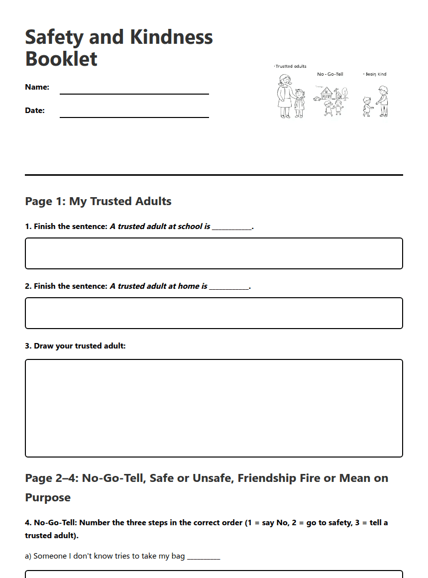 Safety and Kindness Booklet worksheet preview