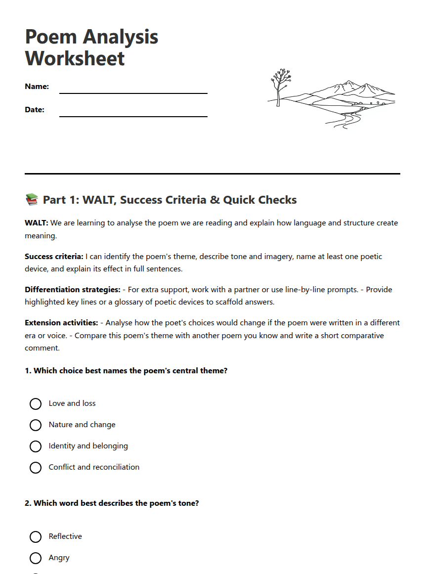 Poem Analysis Worksheet worksheet preview