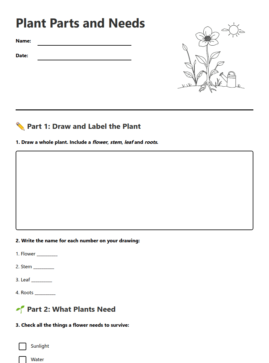 Plant Parts and Needs worksheet preview