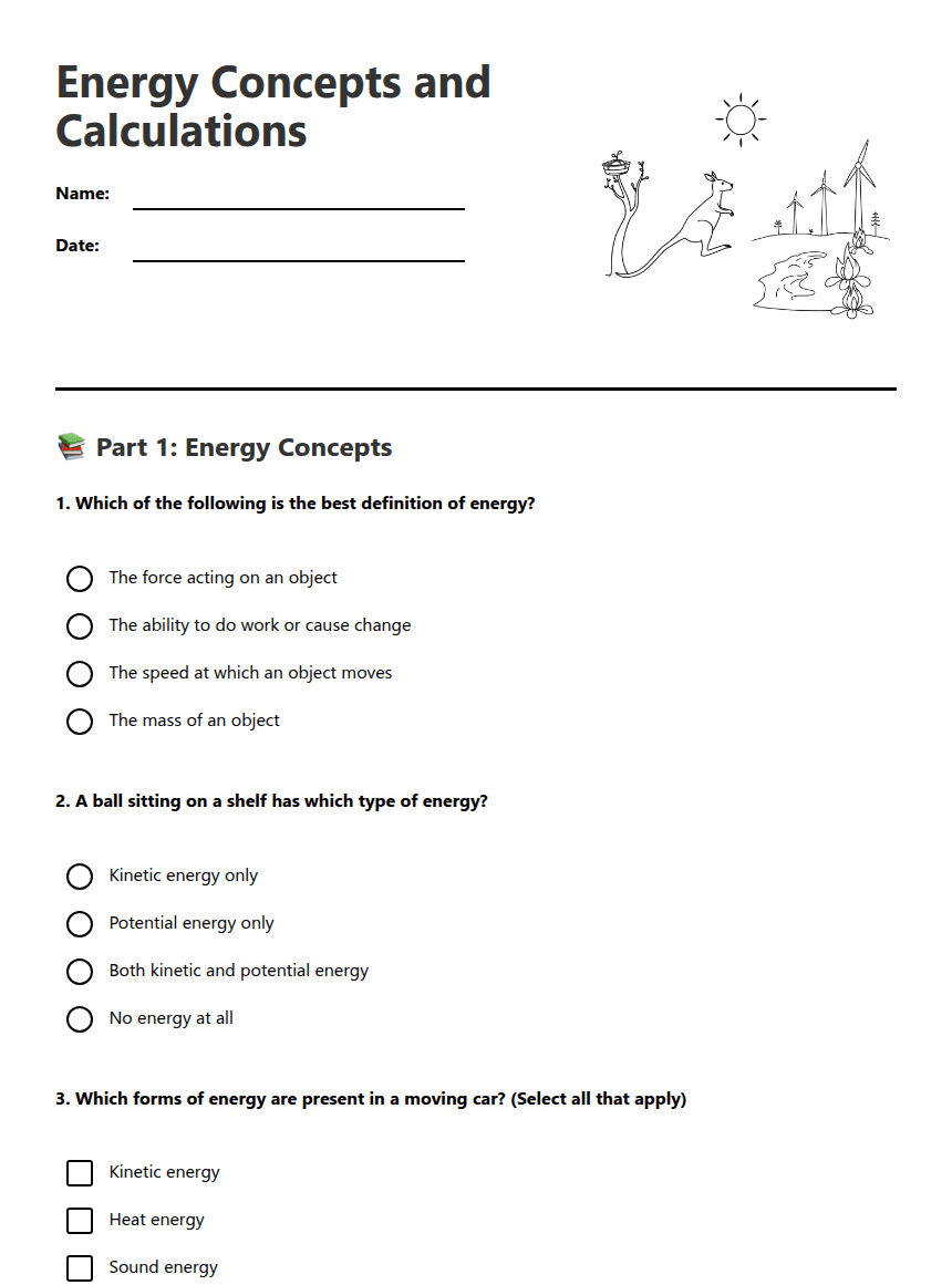 Energy Concepts and Calculations worksheet preview