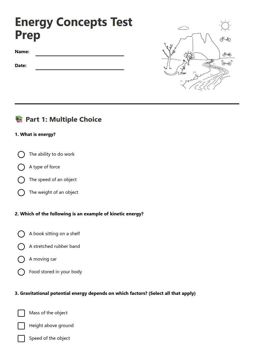 Energy Concepts Test Prep worksheet preview