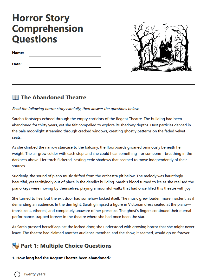 Horror Story Comprehension Questions worksheet preview