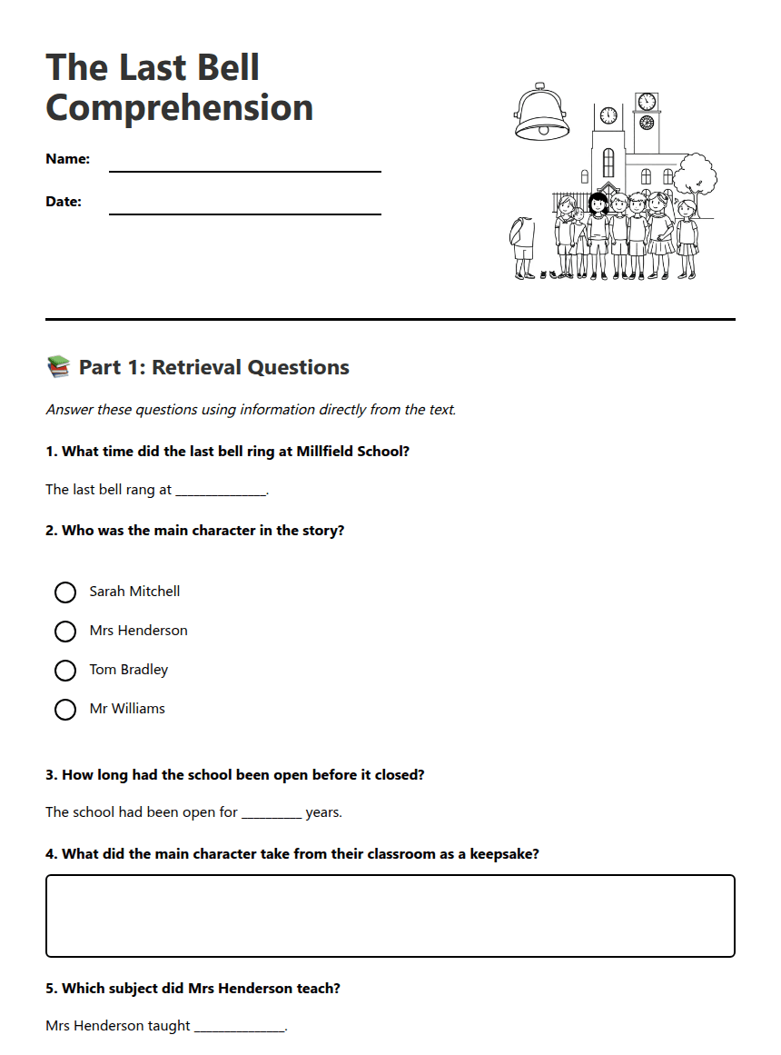 The Last Bell Comprehension worksheet preview