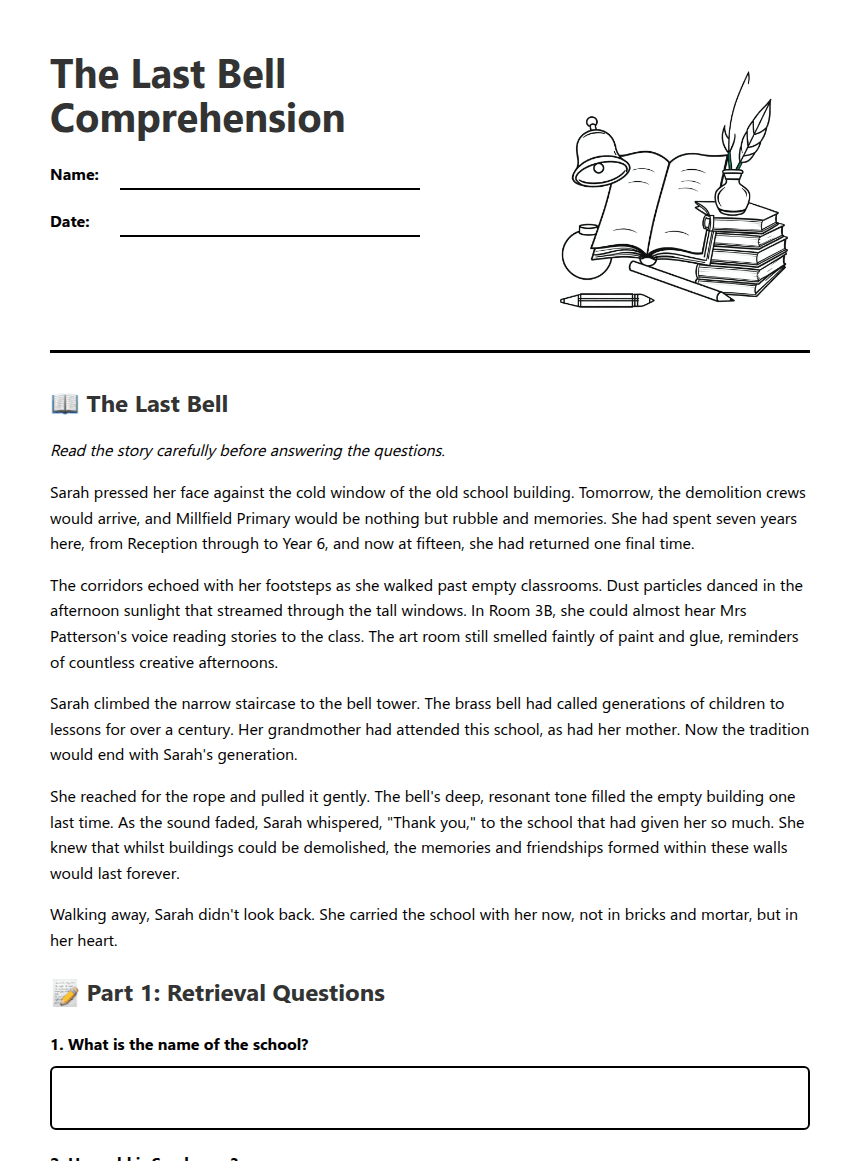 The Last Bell Comprehension worksheet preview