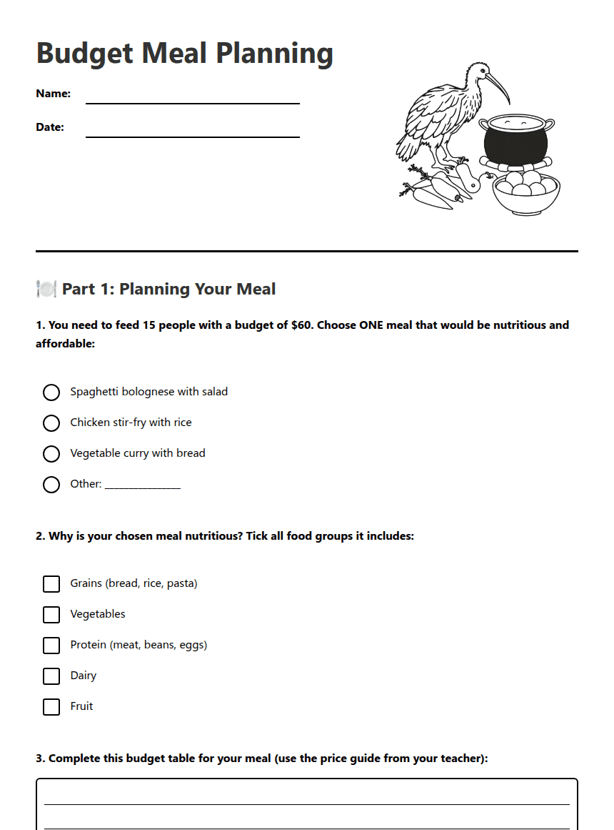 Budget Meal Planning worksheet preview