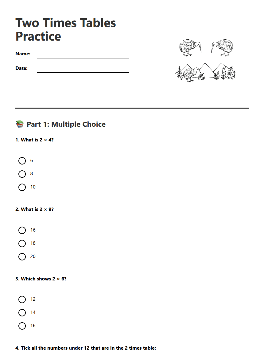 Two Times Tables Practice worksheet preview