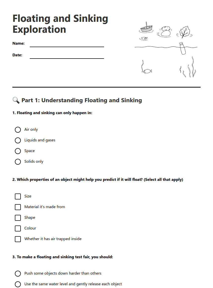 Floating and Sinking Exploration worksheet preview