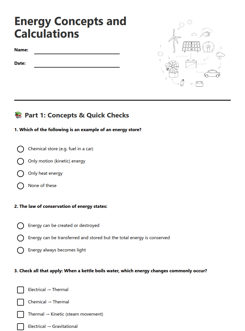 Energy Concepts and Calculations worksheet preview