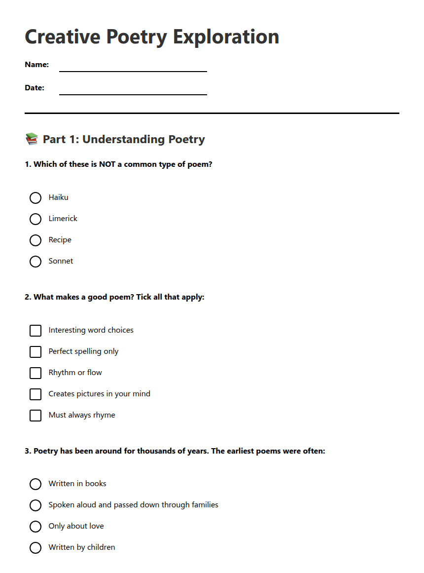 Creative Poetry Exploration worksheet preview