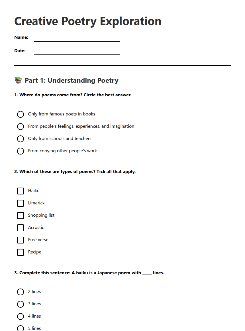 Creative Poetry Exploration worksheet preview