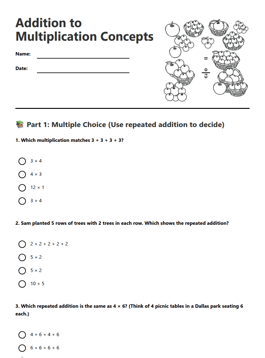 Addition to Multiplication Concepts worksheet preview