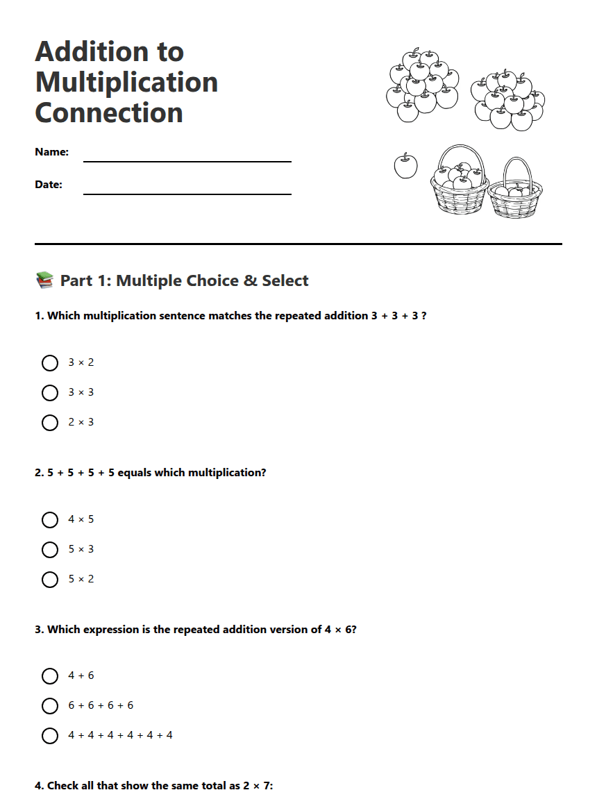 Addition to Multiplication Connection worksheet preview